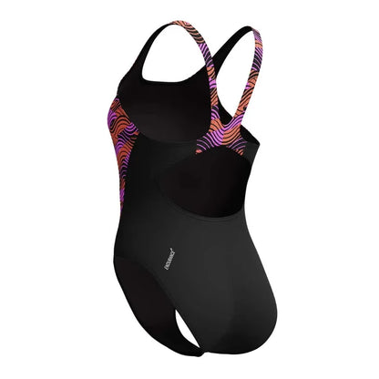 Speedo women's HyperBoom Splice muscleback swimsuit in black, purple, and pink, designed for active swimming and modern style.