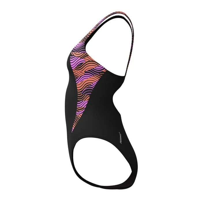 Speedo women's HyperBoom Splice muscleback swimsuit in black, purple, and pink with a sleek, sporty design for swimming.