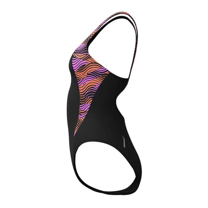 Speedo women's HyperBoom Splice muscleback swimsuit in black, purple, and pink with a sleek, sporty design for swimming.
