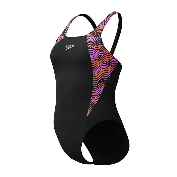 Speedo Women's HyperBoom Splice Muscleback Swimsuit in black, purple, and pink, designed for athletic swimming and comfort.
