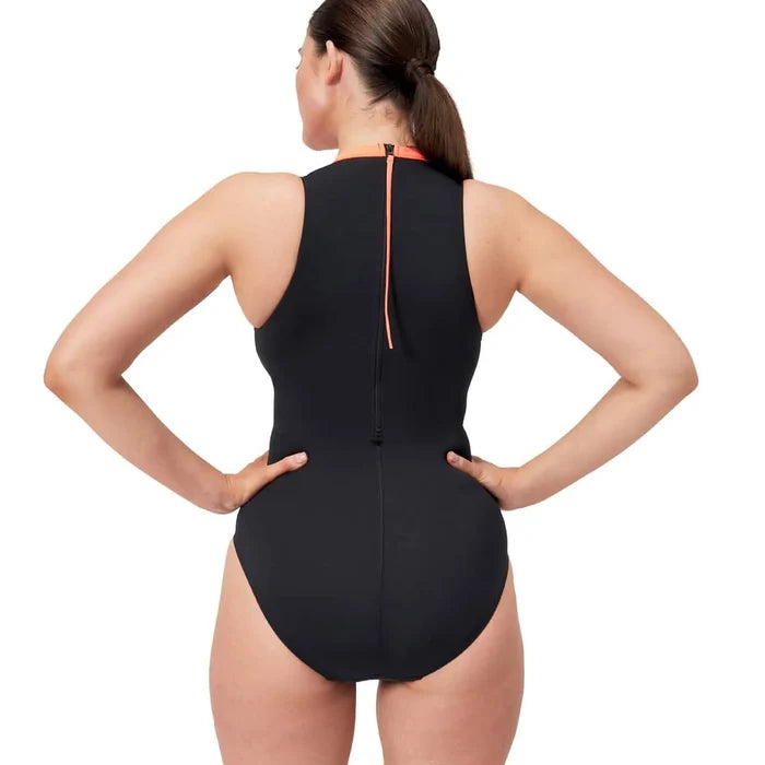 Speedo women's printed Hydrasuit swimsuit in black, plum dandy, Picton, and Siren patterns, designed for swimming and water activities.