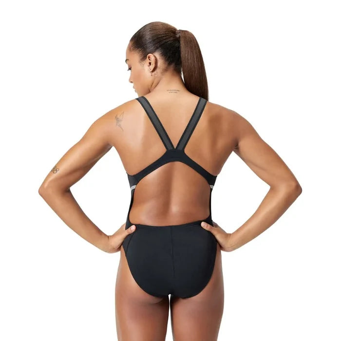 Speedo Women's Vanquisher Movement Back Swimsuit in black and silver, featuring a sleek design and supportive fit for swimming.