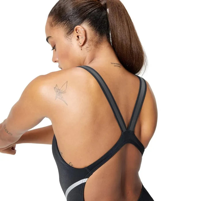 Speedo women's Vanquisher Movement Back swimsuit in black and silver, featuring a sleek design and supportive fit for swimming.