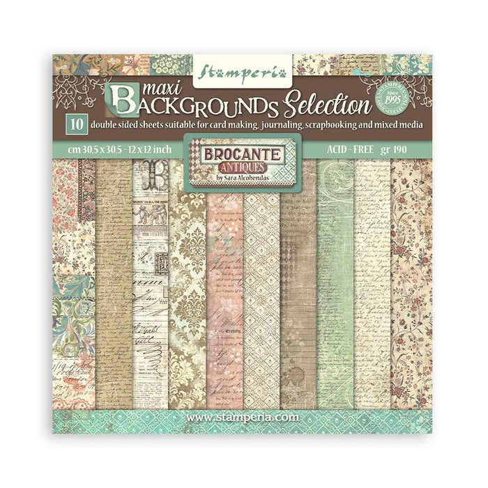 Stamperia - Maxi Backgrounds Double-Sided Paper Pad 12"X12" - 10/Pkg - Brocante Antiques. The perfect addition to your cards, scrapbooks and other paper crafts! This package contains 10 12x12 inch sheets of double-sided paper. Acid free. Available at Embellish Away located in Bowmanville Ontario Canada.