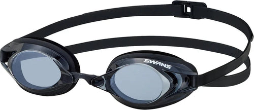Swans Racing Prescription Optics swimming goggles in black with clear lenses, designed for comfortable, corrective swimwear.