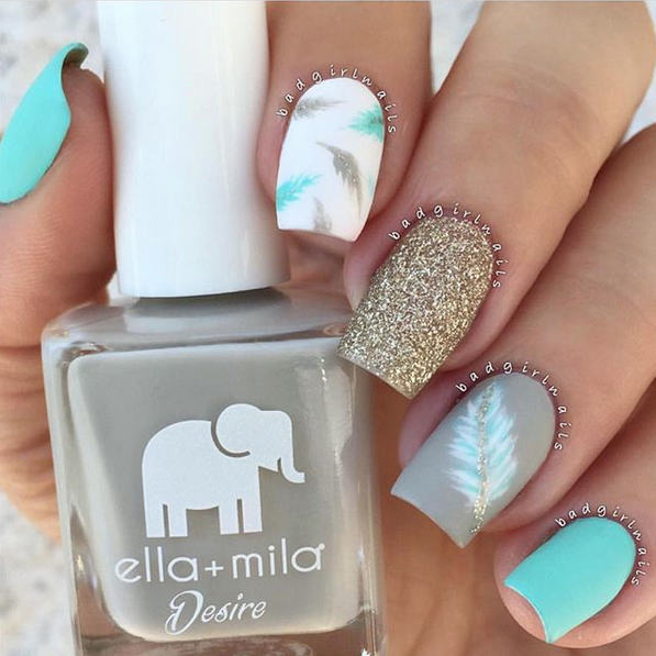 Sway With Me grey nail polish with teal, feather and gold glitter nail art