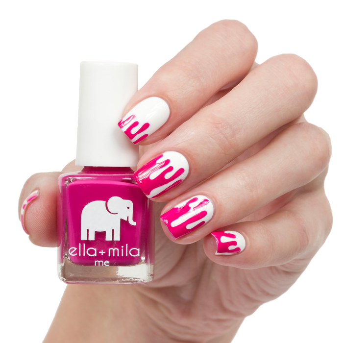 Sweet Tart hot pink nail polish with white drip accent nail art