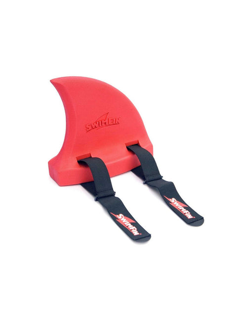 Red shark fin shaped buoyancy aid with black straps and SwimFin logo