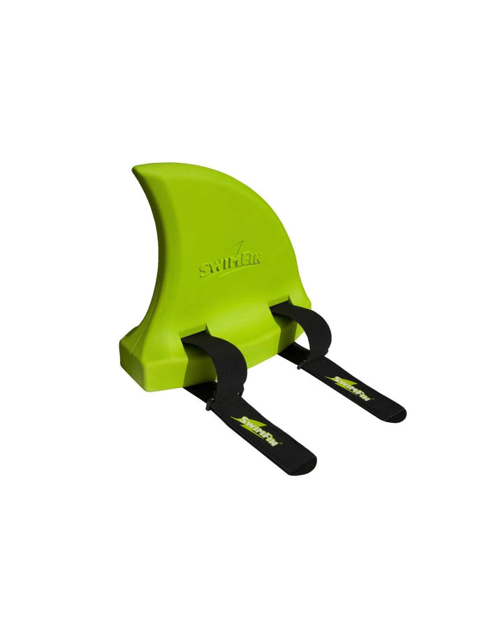 Neon green shark fin buoyancy aid with black straps and logo