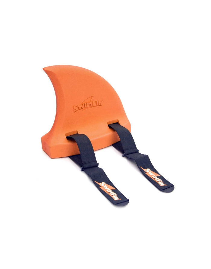 Orange shark fin buoyancy aid with black strap leash