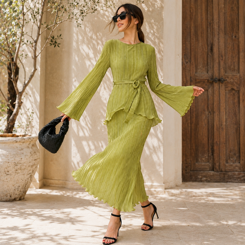 Textured Tied Round Neck Long Sleeve Dress- Pistachio Green Color