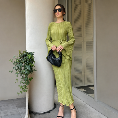 Textured Tied Round Neck Long Sleeve Dress- Pistachio Green Color