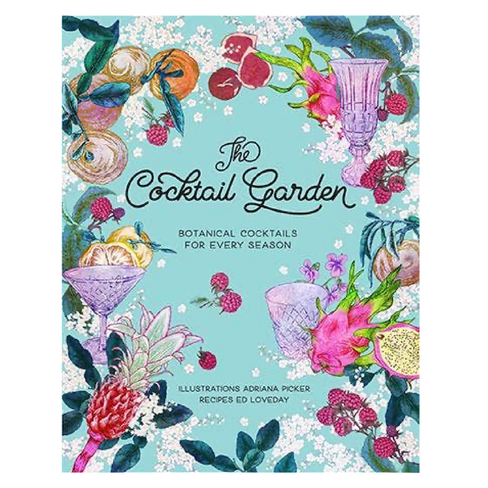 Book cover of 'The Cocktail Garden' with illustrations of cocktails and botanical elements on a light blue background.