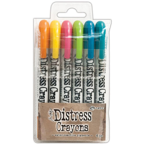 Ranger-Tim Holtz Distress Crayon Set: Set #1. These crayons are formulated to achieve vibrant coloring effects on porous surfaces for mixed media. Ideal for creating brilliant backgrounds, watercoloring, smudge effects and more! This package contains six 5-1/4 inch long water-reactive pigment crayons in assorted colors. Non-toxic. Conforms to ASTM D4236. Imported. Available at Embellish Away located in Bowmanville Ontario Canada.