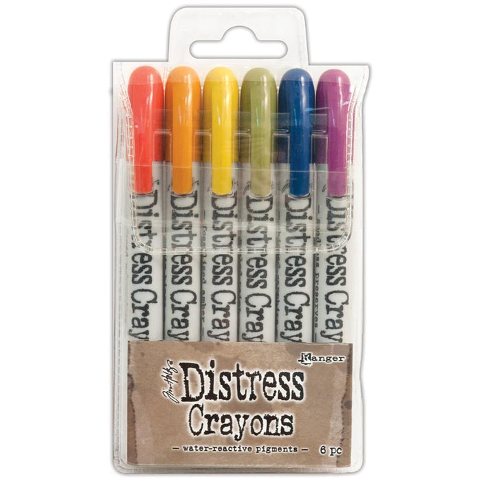 Ranger-Tim Holtz Distress Crayon Set: Set #2. Ranger-Tim Holtz Distress Crayon Set: Set #2. These crayons are formulated to achieve vibrant coloring effects on porous surfaces for mixed media. Ideal for creating brilliant backgrounds, watercoloring, smudge effects and more! This package contains six 5-1/4 inch long water-reactive pigment crayons in assorted colors. Non-toxic. Conforms to ASTM D4236. Imported. Available at Embellish Away located in Bowmanville Ontario Canada.