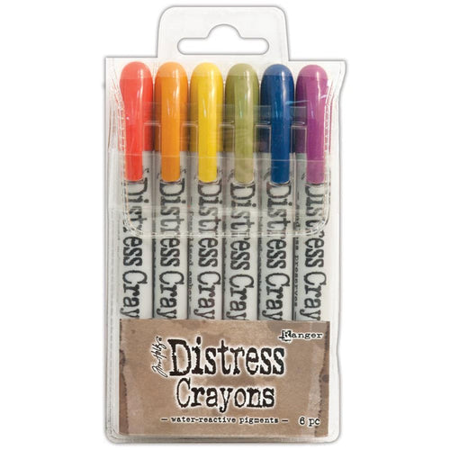 Ranger-Tim Holtz Distress Crayon Set: Set #2. Ranger-Tim Holtz Distress Crayon Set: Set #2. These crayons are formulated to achieve vibrant coloring effects on porous surfaces for mixed media. Ideal for creating brilliant backgrounds, watercoloring, smudge effects and more! This package contains six 5-1/4 inch long water-reactive pigment crayons in assorted colors. Non-toxic. Conforms to ASTM D4236. Imported. Available at Embellish Away located in Bowmanville Ontario Canada.