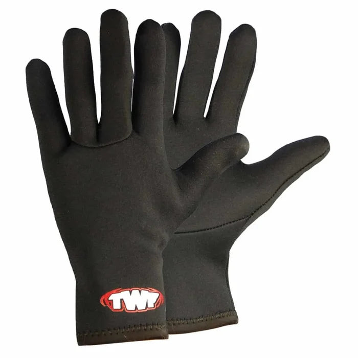 Black TWF swim gloves, 2.2mm neoprene material, designed for water sports and swimming activities.