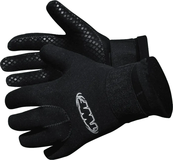 Black TWF 3mm swim gloves, lightweight and flexible for water sports, shown in close-up with textured palm and wrist closure.