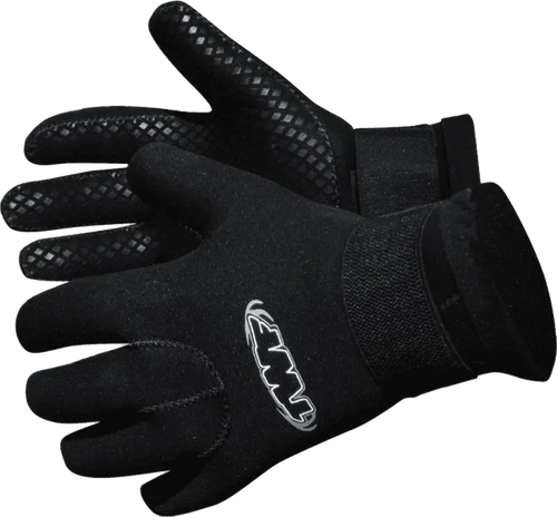 Black TWF 3mm swim gloves, lightweight and flexible for water sports, shown in close-up with textured palm and wrist closure.