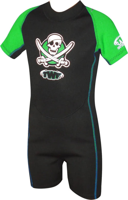 TWF Kids Pirate 2mm Summer Shortie Wetsuit in black and green, suitable for young children, with short sleeves and legs.