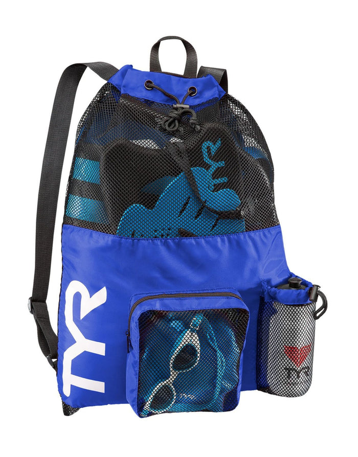 TYR Big Mesh Mummy Backpack with blue mesh and black accents