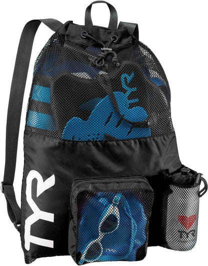 TYR Big Mesh Mummy Backpack with black mesh and blue white design