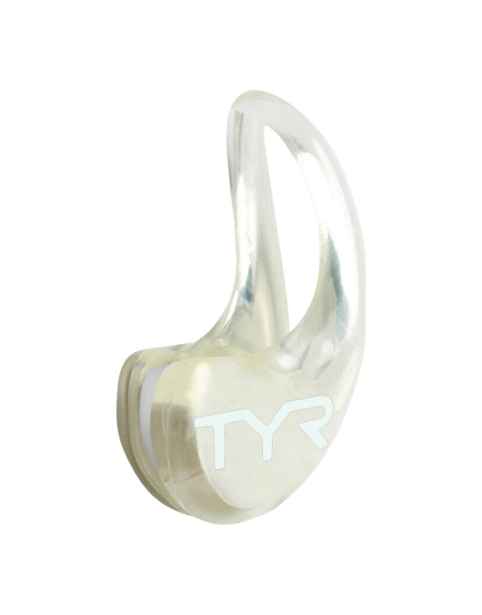 Clear TYR earplug with logo on Ergo Swim hypo-allergenic TPR nose clip