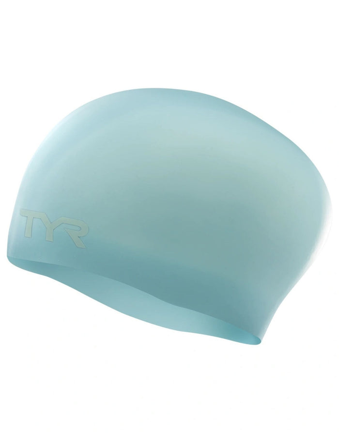 Tyr long hair wrinkle-free silicone swim cap in light blue