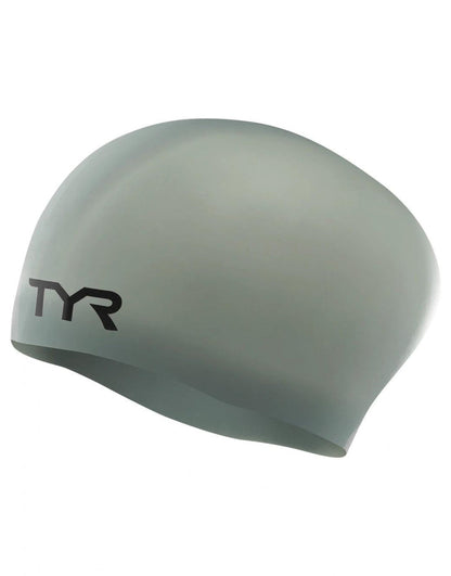 Tyr Long Hair Wrinkle-Free Silicone Swim Cap in grey with black logo
