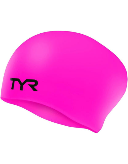 Neon pink TYR long hair silicone swim cap with black logo texture