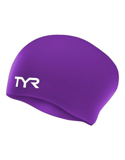 Purple TYR long hair silicone swim cap with white logo texture