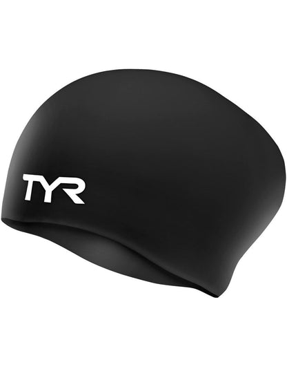Black TYR long hair wrinkle-free silicone swim cap with white logo