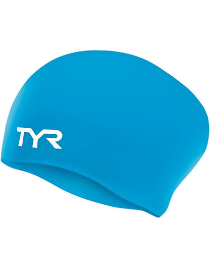 Blue TYR long hair wrinkle-free silicone swim cap with white logo