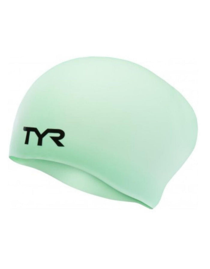 Mint green TYR long hair silicone swim cap with black logo texture