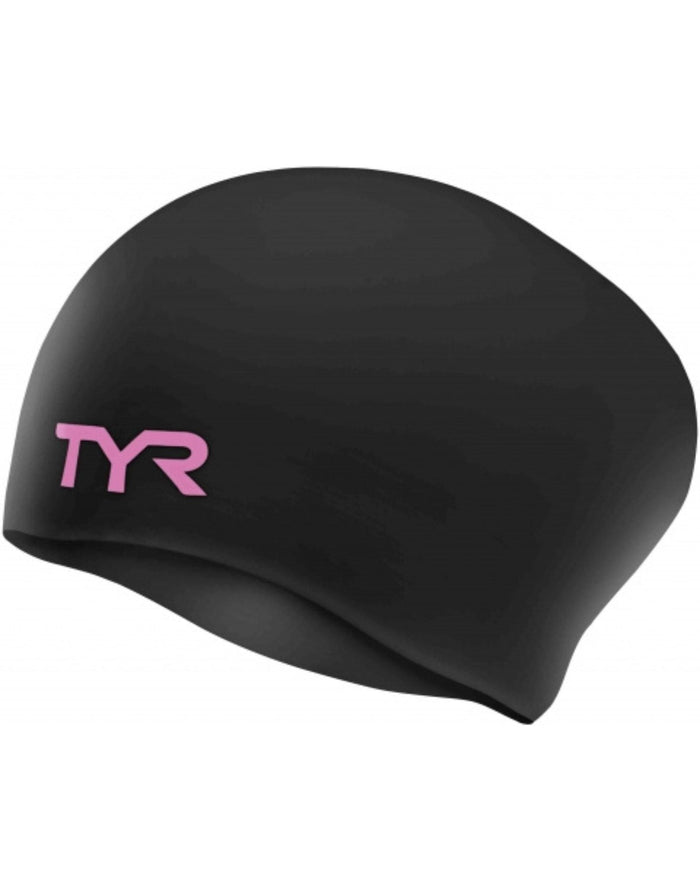 Black TYR long hair silicone swim cap with pink logo and texture