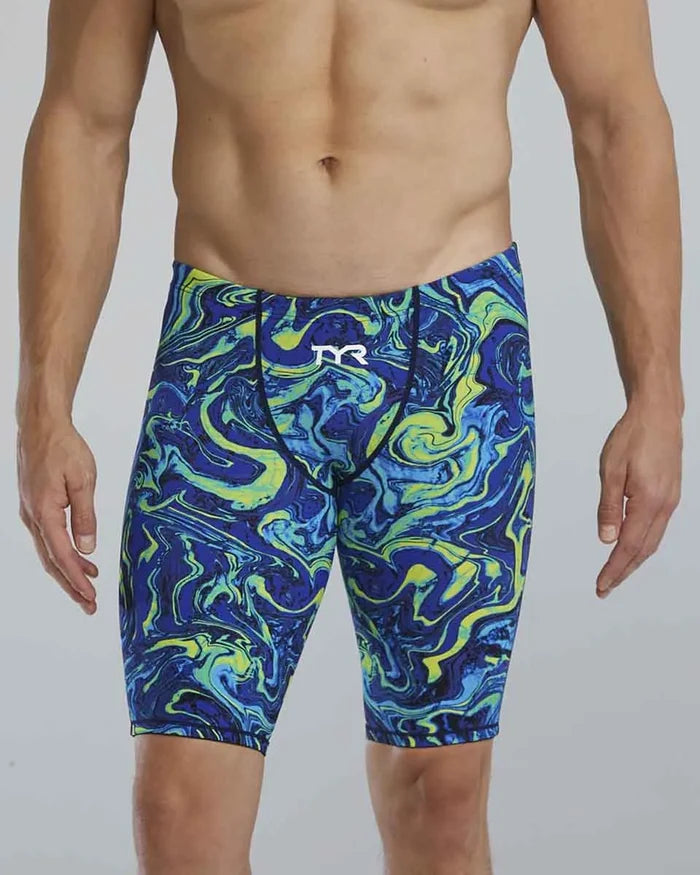 TYR men's Thresher Hyperblitz jammer in blue and green, featuring sleek design and durable fabric for competitive swimming.