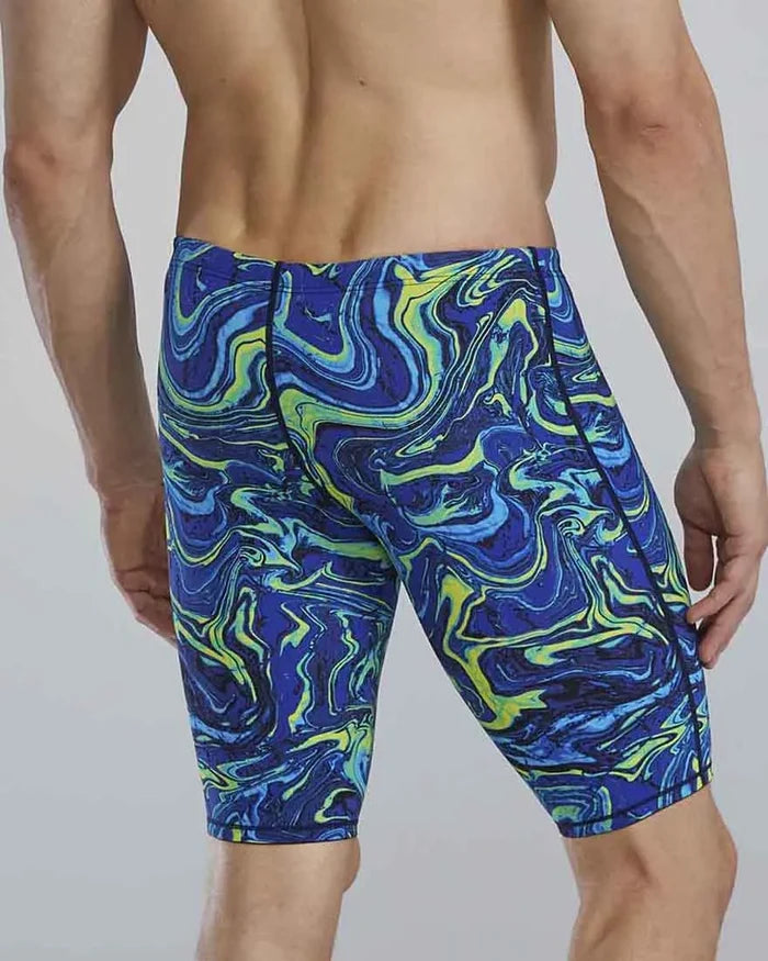TYR men's Thresher Hyperblitz jammer in blue and green, featuring a sleek design for competitive swimming.