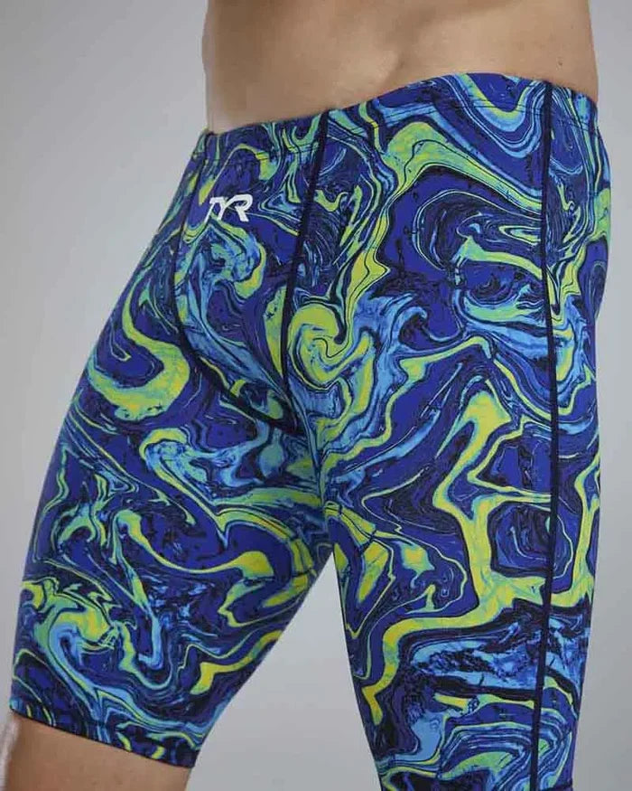TYR men's Thresher Hyperblitz jammer swimwear in blue and green with sleek, form-fitting design for competitive swimming.