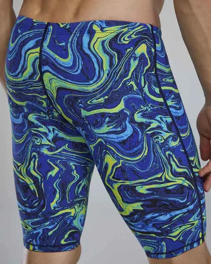 TYR men's Thresher Hyperblitz jammer in blue and green fabric, designed for competitive swimming.