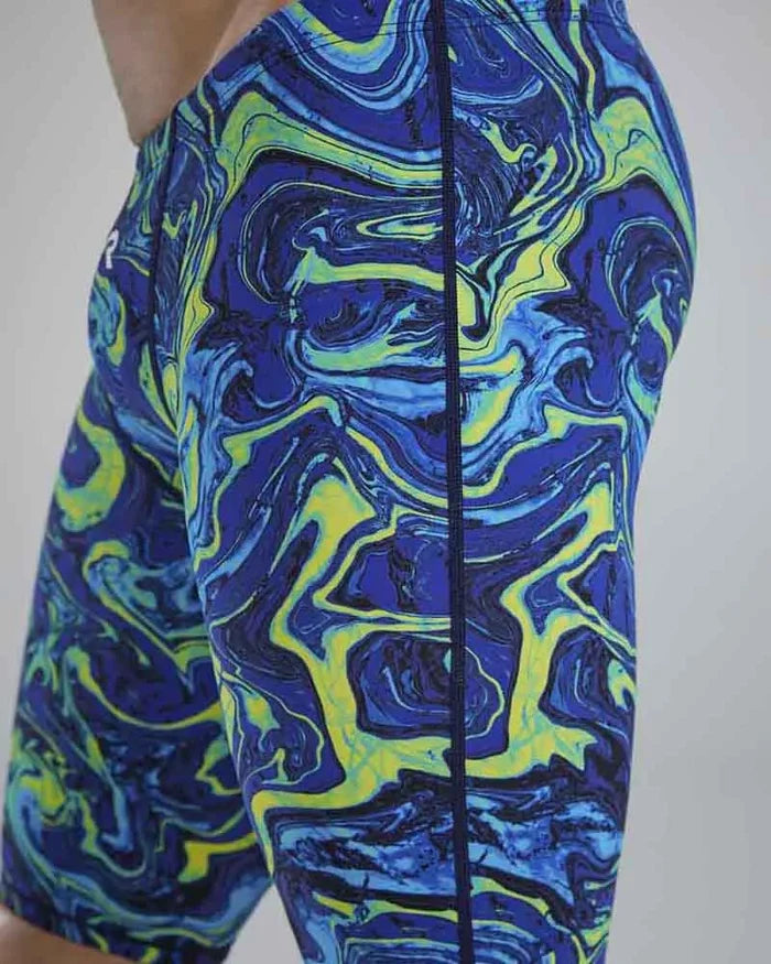 TYR men's Thresher Hyperblitz jammer in blue and green, athletic swimwear designed for competitive swimming.