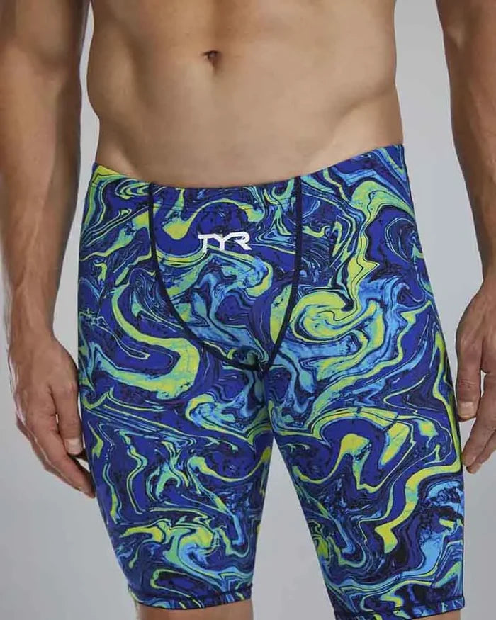 TYR men's Thresher Hyperblitz jammer in blue and green, designed for competitive swimming, shown on a model.