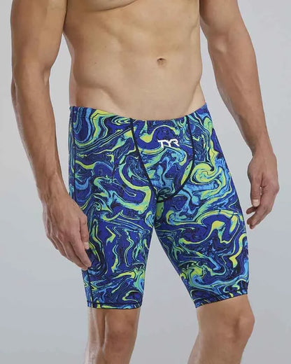 TYR men's Thresher Hyperblitz jammer in blue and green for competitive swimming, featuring a snug fit and durable fabric.