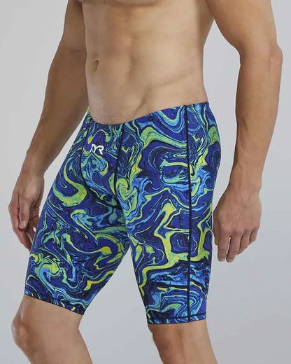 TYR men's Thresher Hyperblitz jammer in blue and green with a sleek, athletic design for competitive swimming.
