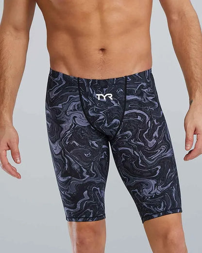 TYR men's Thresher Hyperblitz jammer in titanium fabric, showcasing the sleek, fitted swimwear design for competitive swimming.