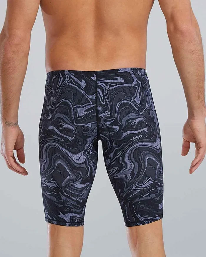 TYR men's Thresher Hyperblitz jammer in titanium, close-up view of the men's swim jammer with TYR branding and sleek design.