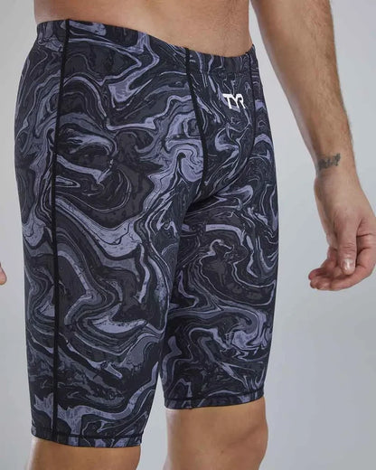 TYR men's Thresher Hyperblitz jammer in titanium, close-up view of the fitted swim jammer for competitive swimming.