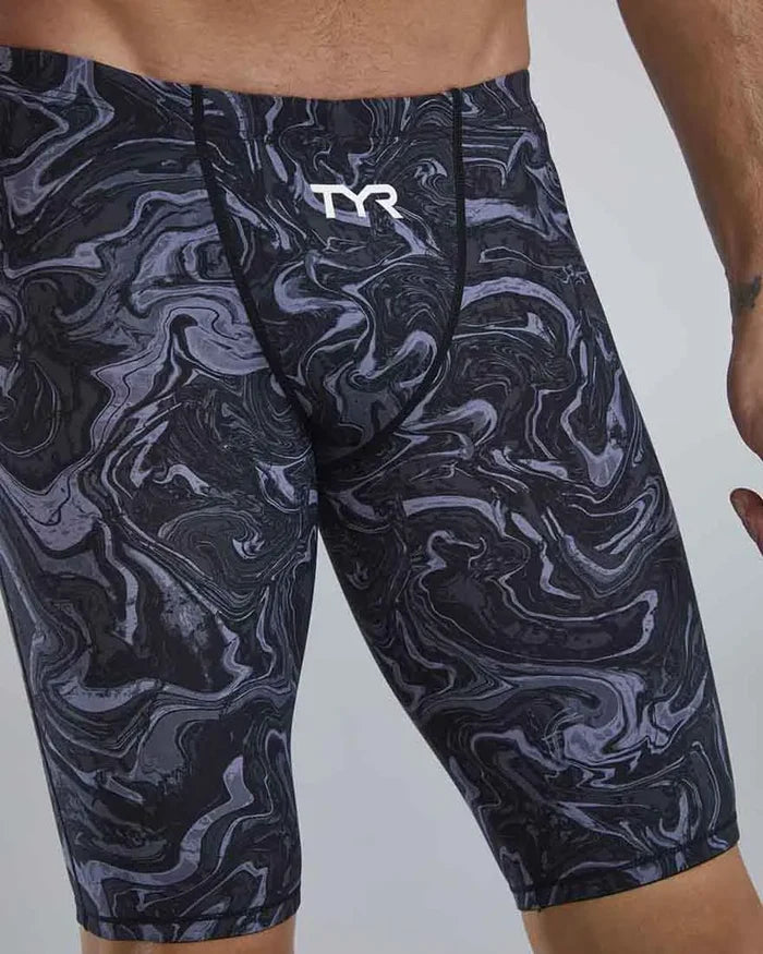 TYR men's Thresher Hyperblitz jammer in titanium fabric, designed for competitive swimming with a sleek, streamlined fit.