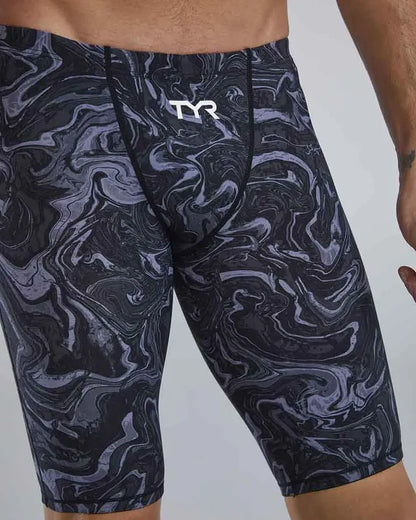 TYR men's Thresher Hyperblitz jammer in titanium fabric, designed for competitive swimming with a sleek, streamlined fit.