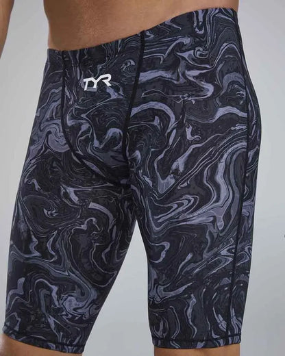 TYR men's Thresher Hyperblitz jammer in titanium, close-up view showing the sleek, fitted swim jammer with brand logo.