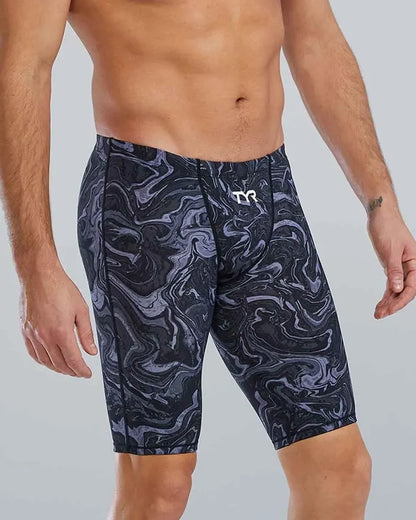 TYR men's Thresher Hyperblitz jammer in titanium, close-up view showing sleek swimwear design and fabric texture.